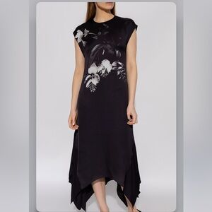 All Saints Gian Kosumoso Black Floral Asymmetrical Midi Dress